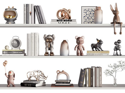现代隔板上的装饰品、书籍摆件组合