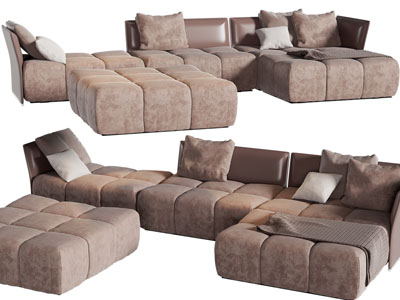 现代拼接布艺多人沙发、脚凳