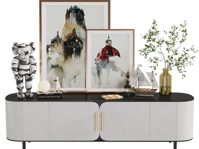 现代椭圆形电视柜、摆件组合