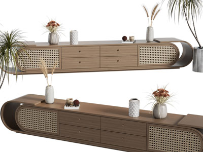 侘寂风实木电视柜、摆件