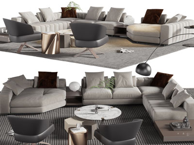 现代布艺转角多人沙发、休闲椅子和茶几组合