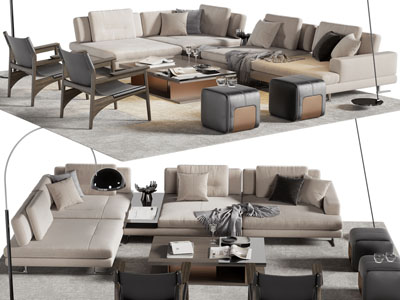 现代转角多人沙发、休闲椅子和茶几组合