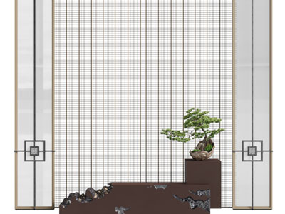 新中式背景墙、盆景摆件组合