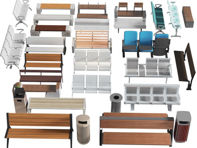 现代公共椅子、排椅、垃圾桶