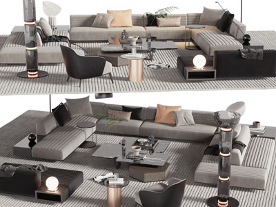 现代转角多人沙发、休闲椅子和茶几组合