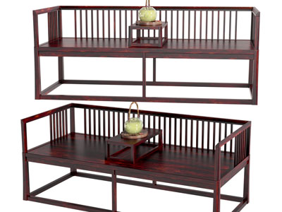 新中式实木罗汉床、双人沙发3d模型 新中式实木罗汉床、双人沙发