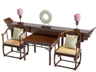 新中式圈椅扶手椅子、案几、方桌