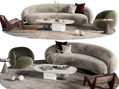 现代弧形多人、单人沙发和茶几组合