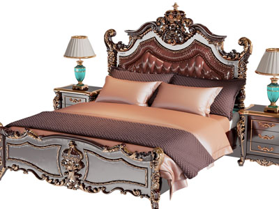 欧式雕花实木双人床、床头柜