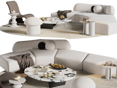 侘寂风弧形多人沙发、休闲椅子和茶几组合