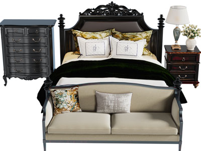 欧式实木雕花双人床、床尾凳和边柜