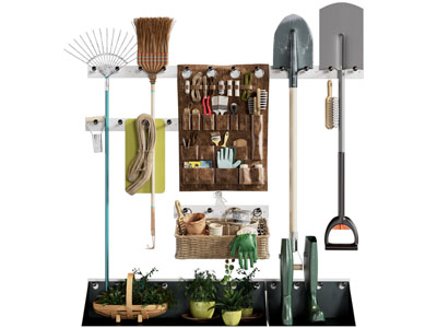 现代墙面收纳架的铲子、铁锹五金工具3d模型 现代墙面收纳架的铲子、铁锹五金工具