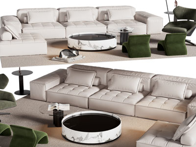 现代布艺转角多人沙发、休闲椅子和茶几组合