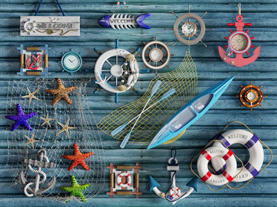 地中海海星、船锚、船舵钟表墙饰挂件