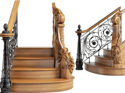 欧式铁艺雕花栏杆实木台阶楼梯3d模型 欧式铁艺雕花栏杆实木台阶楼梯