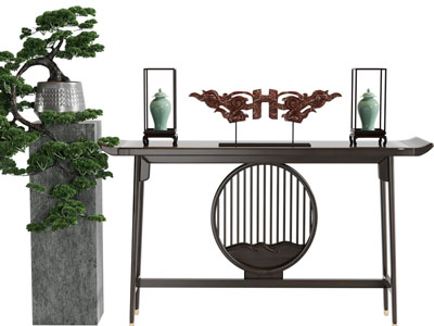 新中式端景台、松树盆景盆栽