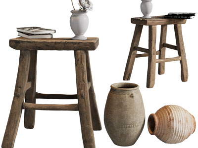 侘寂风原木凳子、陶艺器皿