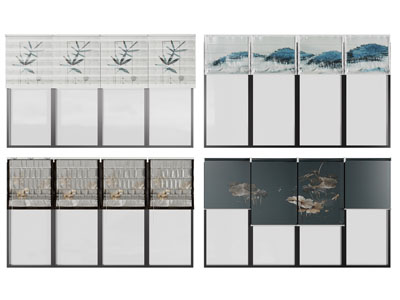 新中式山水荷花布艺拉帘、卷帘