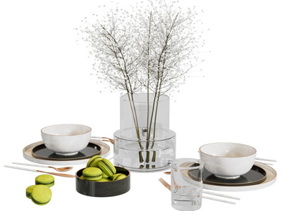 现代花瓶花卉、碗盘餐具组合3d模型 现代花瓶花卉、碗盘餐具组合