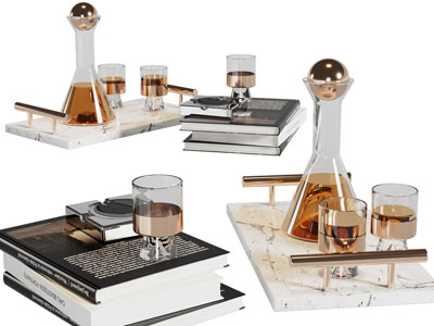 现代托盘酒瓶酒杯、书籍摆件组合