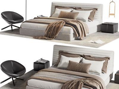 现代布艺双人床、休闲椅子