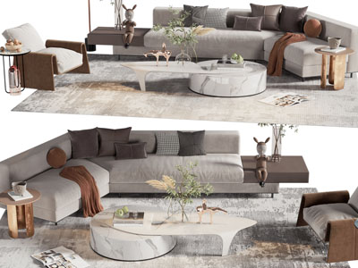 现代转角多人沙发、休闲椅子和茶几组合