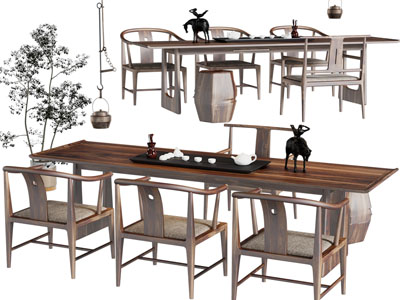 新中式实木长方形茶桌椅组合