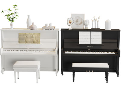 现代黑、白钢琴、琴凳3d模型 现代黑、白钢琴、琴凳