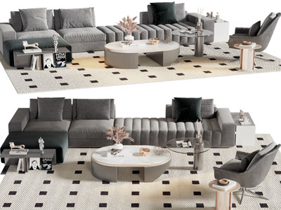 现代布艺多人沙发、休闲椅子和茶几组合