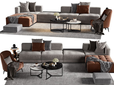 现代布艺多人、单人沙发和茶几组合