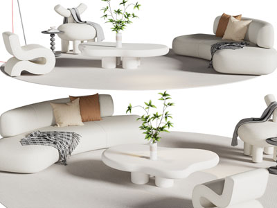 侘寂风弧形多人沙发、休闲椅子和茶几组合