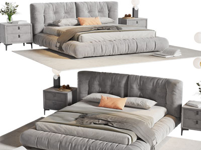 现代布艺双人床、床头柜