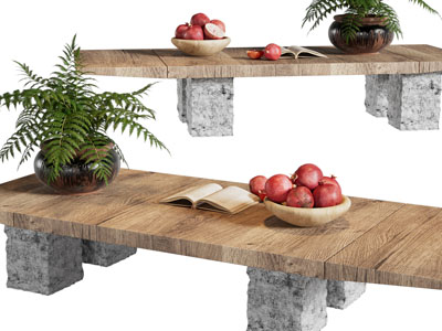 现代实木长凳子、果盘和盆景摆件组合