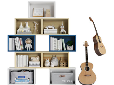 现代实木拼接开放式书柜、吉他