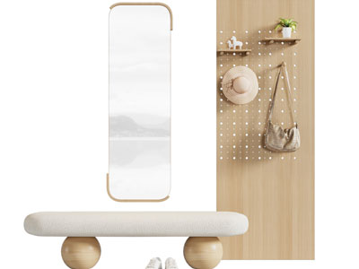 现代洞洞眼墙面收纳架、穿衣镜和换鞋凳