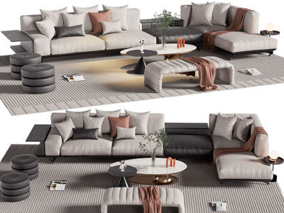 现代布艺转角多人沙发、沙发凳和茶几组合