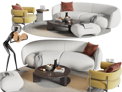 现代布艺双人沙发、坐墩和茶几组合