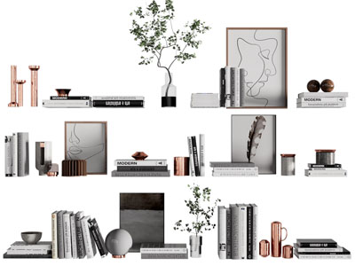 现代书籍、装饰画摆件组合