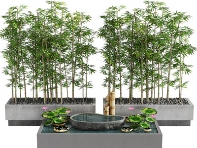 新中式竹子、水池水景景观园艺小品