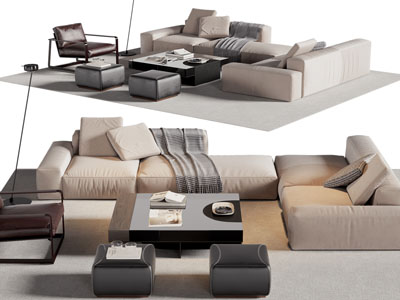 现代多人沙发、休闲椅子和茶几组合