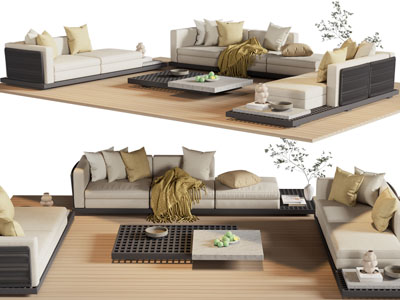 现代多人沙发、贵妃椅和茶几组合