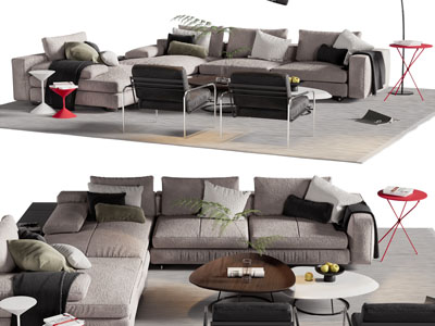 现代转角多人沙发、休闲椅子和茶几组合