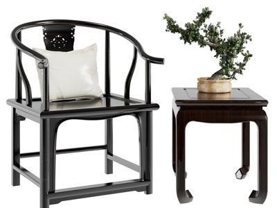 新中式实木扶手椅子、圈椅和边几