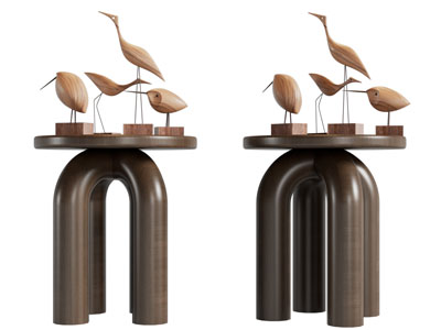 现代圆形边几、木雕仙鹤摆件