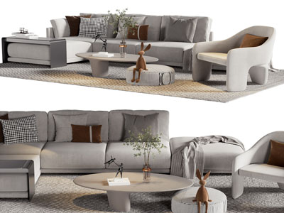 现代转角多人沙发、休闲椅和茶几组合