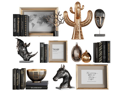 现代书籍、装饰画和饰品摆件组合