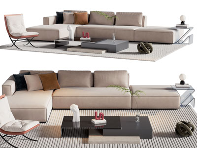 现代布艺转角多人沙发、茶几组合