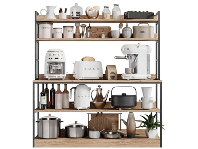 现代置物架上的咖啡机、锅具厨具