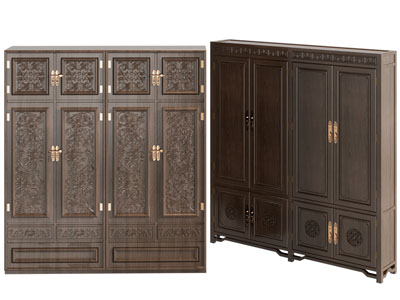 新中式实木雕花衣柜3d模型 新中式实木雕花衣柜