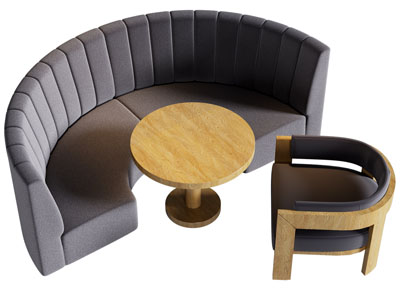 现代半圆形卡座多人沙发、休闲椅子和茶几组合
